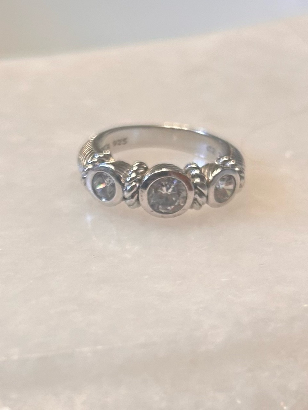 Judith Ripka Silver Three-Stone CZ Rope-Detail Ring